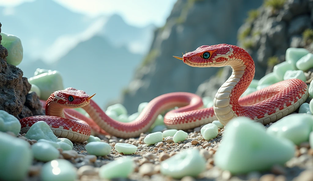 There are many white jades and pit vipers with spikes on their noses between red and white rings on the mountain.(best quality,4K,8k,High level,masterpiece:1.2),Ultra Detailed,(lifelike,Photo real,Photo real:1.37)