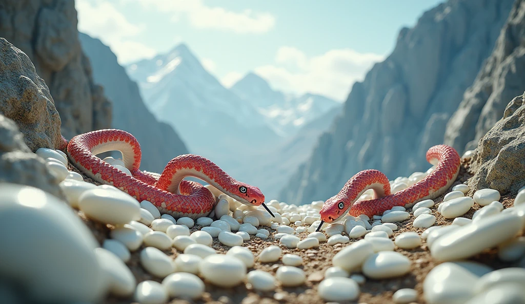 There are many white jades and pit vipers with spikes on their noses between red and white rings on the mountain.（best quality，4K，8k，High level，masterpiece：1.2），Ultra Detailed，（lifelike，Photo real，Photo real：1.37）