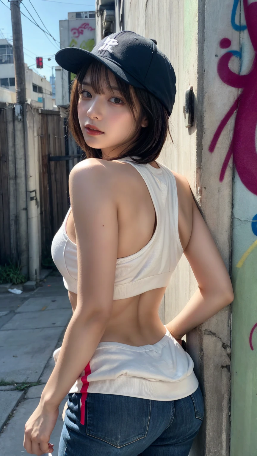 masterpiece, Highest quality, Very detailed, 8k, Realistic, One Girl, alone, Tomboy, Very detailed face, (head shot:1.5), Standing in front of a wall covered in hip hop graffiti, Cyberpunk neon cityscape,Pixie cut white hair, She is wearing a short neon tank top and an open hoodie....,I can see your chest,Nice ass,Wear a New Era cap, perfect body shape