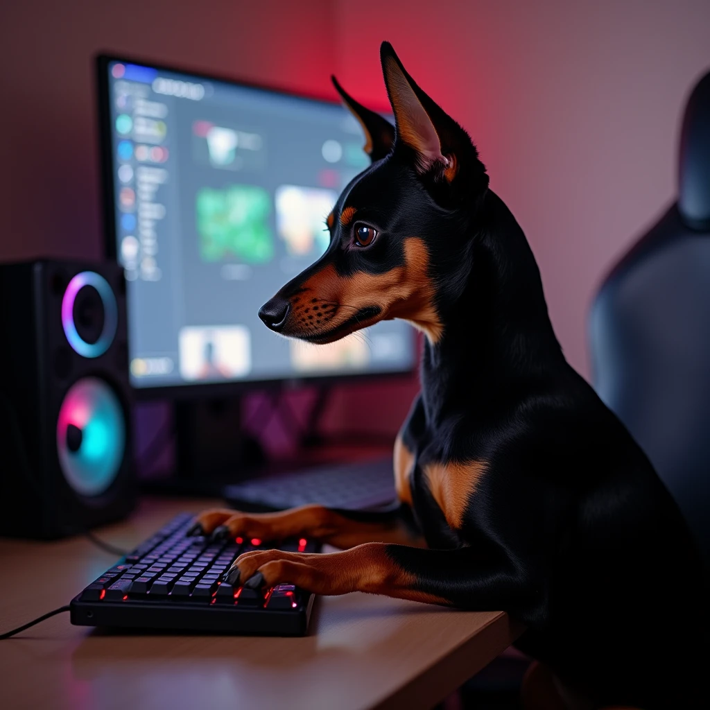 Make a miniature pinscher of the breed that sits at the monitor and types on the keyboard at the gaming computer completely feeder color