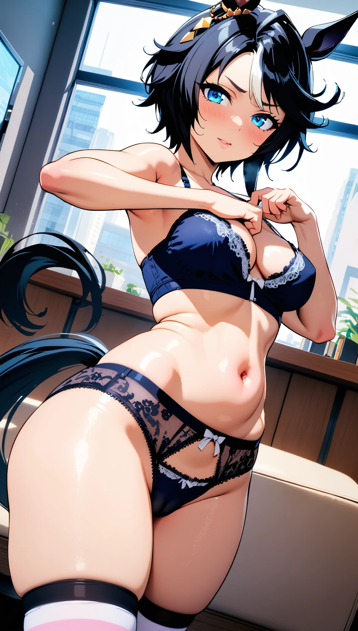 [[One person, Fuji Kiseki \(umamusume\), umamusume]], Beautiful attention to detail, blue eyes, Close one eye, ((indoor, office, living room),  Curvy, thin, Small breasts, (Thigh-high socks), (Cleavage) , (Sexy pose), (Seductive pose), (Crop Top Belly Button), ((panties), (good), (In underwear), (Flashy underwear), (lingerie))), (Close-up shot), Dynamic Angle, Highest quality, Very detailed, masterpiece, Ultra-high resolution, 8k, Nipples, ((Horse tail)), Camel Toe, Black Hair