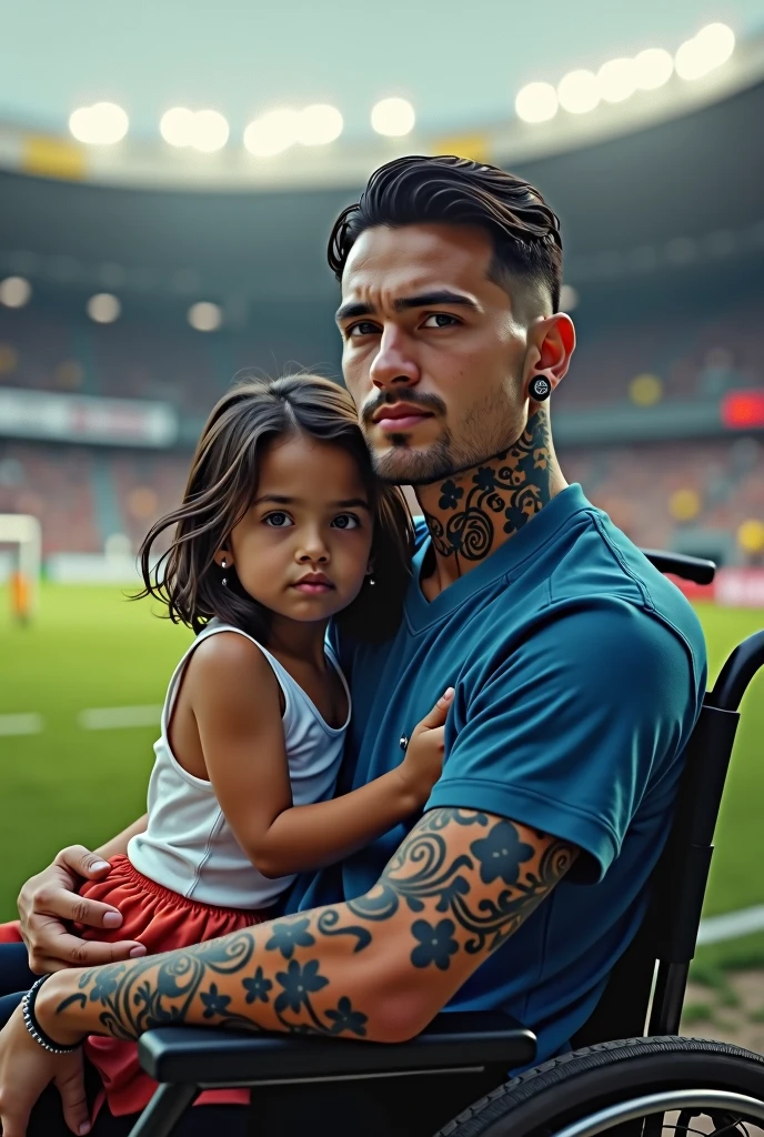 Javier, - Thin body due to his Leukemia - Tattooed arms - Soccer field stadium - With a blue shirt, his favorite team - black expanders or piercings in your ears - Short hair - Dark circles under his eyes - Sitting in a wheelchair - Looking at the camera to speak directly and his daughter to fourtee years old sitting on his laps