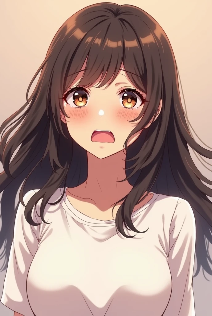 (((In this digital illustration, a 2 Japanese woman Tears are coming out of my eyes. Dark brown Medium hair.. Upper body above the waist. Medium hair. Wearing a large white shirt. sobbing, blush, sorrowful gaze, tearful, disgust. Her expression is crying. My cheeks are red. I'm sad. depicted in an anime-inspired style. I can see the whole body. I'm facing straight ahead. Big smile. His mouth is wide open. My cheeks are red. the flowing Dark brown Medium hair. of the character against a solid color background, emphasizing the anime art style. The artwork draws inspiration from anime and manga styles, with soft ambient lighting creating a gentle and flattering effect on the woman's long hair. The detailed digital illustration captures the beauty and elegance of the woman's long hair in a visually appealing manner.)))