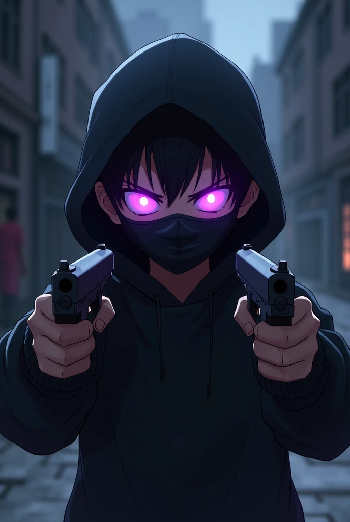 1 boy, he is a gang member and has purple glowing eyes with an evil face and slightly spiky hair with an evil and intimidating look with a black sweatshirt and a black mask covering his nose and mouth. , he has a black hood on his head , very intimidating , he has a pistol in his hands, very creepy , 2D Anime .