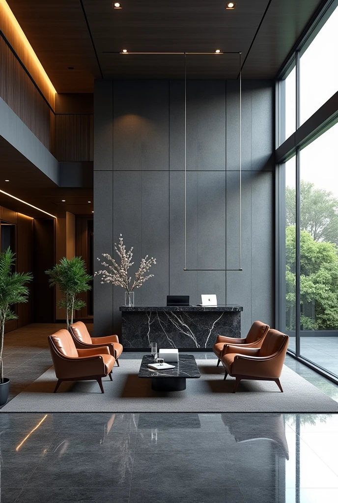 Professional 3d architecture rendering design of modern   hotel’s Labi with  dark slab  stone  and 4 dark brown leather Chairs  and medium  flouting  dark gray marble  station and  2 laptops and coffee table elegant and modern  glassy and silver accessories and  modern windows and  private space for baggage  in the Labi and black slab stone middle table and elegant accessories and modern ceiling lighting and beautiful green space 