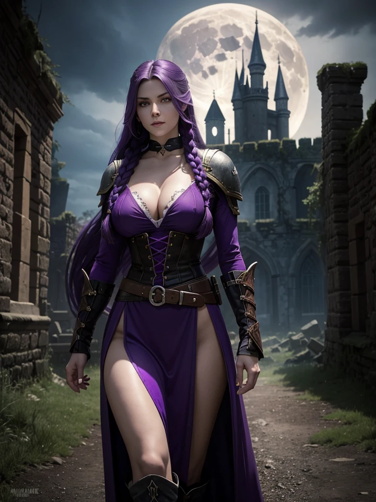 Beautiful caucasian woman. Fit body. Big round boobs. Just one woman. Alone. Western woman. Long hair with 1 braid. Purple hair. Bright purple eyes. Woman cosplaying as a vampire hunter from the Belmont family from the Castlevania games. She is standing in front of the ruins of a dark medieval castle during a full moon night. Dynamic light. Dynamic shadows. High resolution.