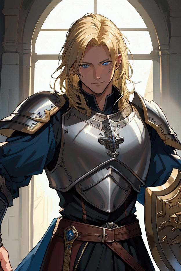 masterpiece, best quality:1.2), masterpiece, high quality, beautiful graphics, high detail, ultra detailed, cinematic lighting, HDR, ilustration, Man design, anime 4k, big shield, sword in one hand, blonde hair, blue eyes, armor white, happy, poor man, medieval era