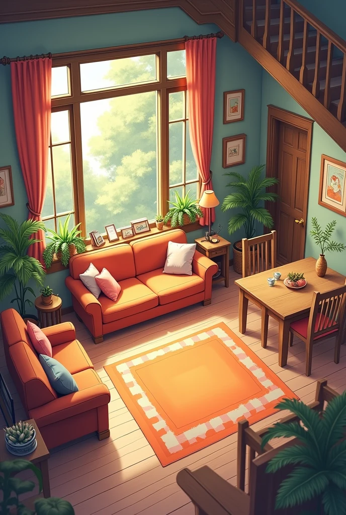 Cartoon living room with sofa, dining table, windows, cozy living room background, personal room background, interior background art, cozy home background, style of madhouse studio anime, interior scenes, Living room, random background scene, rpg maker style bedroom, liveroom, interior living room, stairs, door