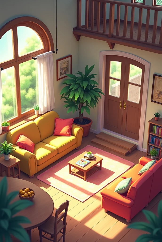 Cartoon living room with sofa, dining table, windows, cozy living room background, personal room background, interior background art, cozy home background, style of madhouse studio anime, interior scenes, Living room, random background scene, rpg maker style bedroom, liveroom, interior living room, stairs, door