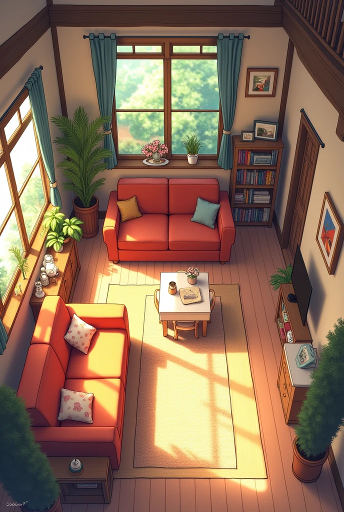 Cartoon living room with sofa, dining table, windows, cozy living room background, personal room background, interior background art, cozy home background, style of madhouse studio anime, interior scenes, Living room, random background scene, rpg maker style bedroom, liveroom, interior living room, stairs, door