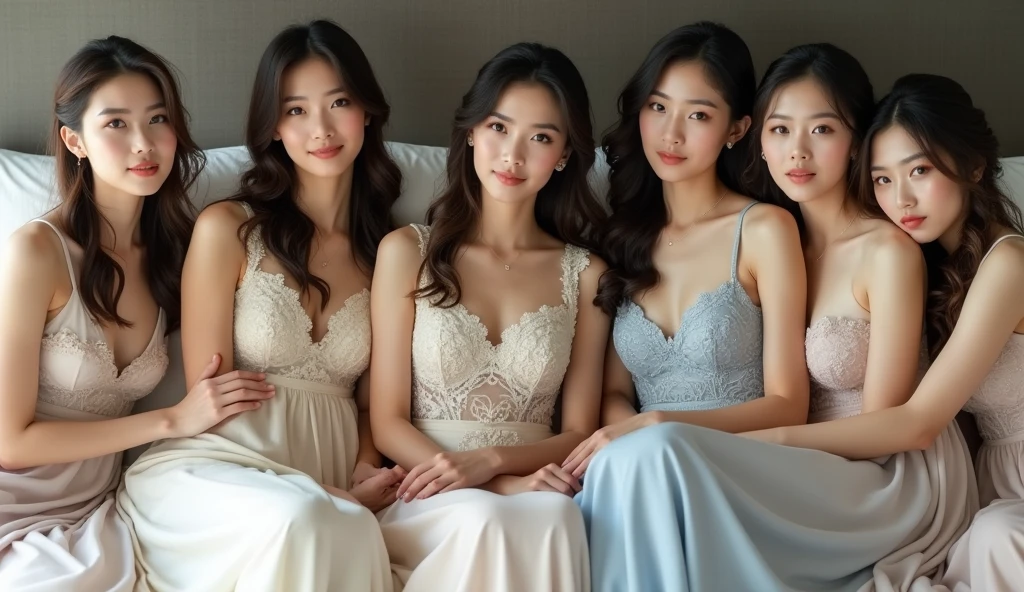 10 Beautiful Brides. The first and second Thai brides are sisters, 18-19 years old, wearing white and gold wedding dresses with Thai patterns. The third and fourth Lao brides are sisters, 18-1, wearing silver-white lace wedding dresses. The fifth and sixth Japanese brides are sisters, 19-20 years old, wearing gray cloud-patterned wedding dresses. The seventh and eighth South Korean brides are sisters, 20-21 years old, wearing pink wedding dresses with swan patterns. The ninth and tenth Taiwanese brides are sisters, 20-2, wearing blue wedding dresses. The brides are lying on the bed wearing thin nightdresses, posing for pictures, smiling beautifully.