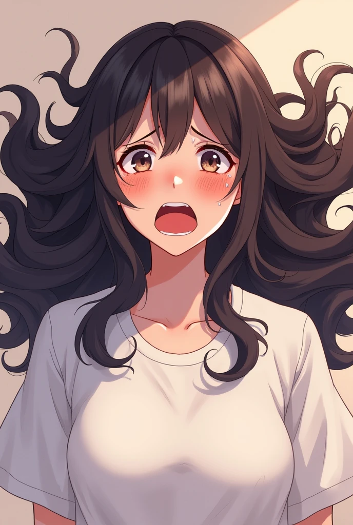 (((In this digital illustration, a 2 Japanese woman Tears are coming out of my eyes. Dark brown Medium hair.. Upper body above the waist. Medium hair. Wearing a large white shirt. sobbing, blush, sorrowful gaze, tearful, disgust. Her expression is crying. My cheeks are red. I'm sad. depicted in an anime-inspired style. I can see the whole body. I'm facing straight ahead. Big smile. His mouth is wide open. My cheeks are red. the flowing Dark brown Medium hair. of the character against a solid color background, emphasizing the anime art style. The artwork draws inspiration from anime and manga styles, with soft ambient lighting creating a gentle and flattering effect on the woman's long hair. The detailed digital illustration captures the beauty and elegance of the woman's long hair in a visually appealing manner.)))