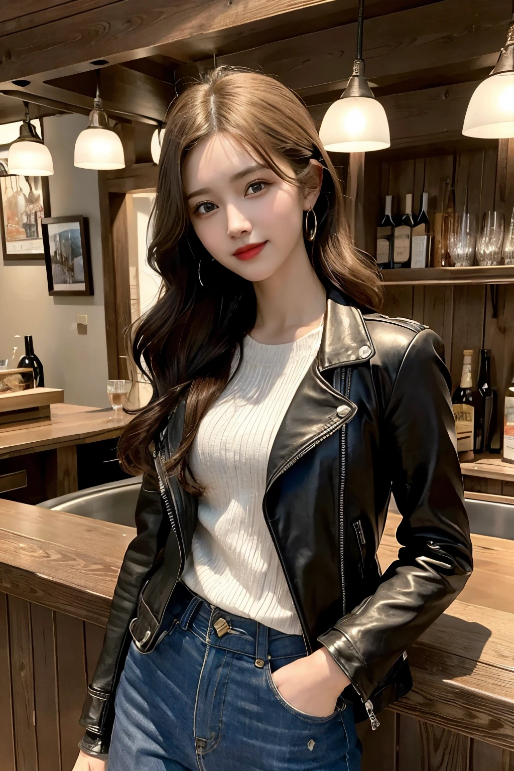 photorealistic highly detailed standing beautiful Caucasian 26yo motorcycle-girl, 1950's style, dreamy face expression, happy, smile, looking at camera, long messy hair, perfect slender face, slim, ragged pants and shirt, worn leather jacket, carbon sunglasses, vivid make-up, epic character composition, goth, sharp focus, evening, global illumination, masterpiece, divine halo, glow, background is wooden bar/saloon, at the desert roadside, photo-realism, cinematic, dramatic