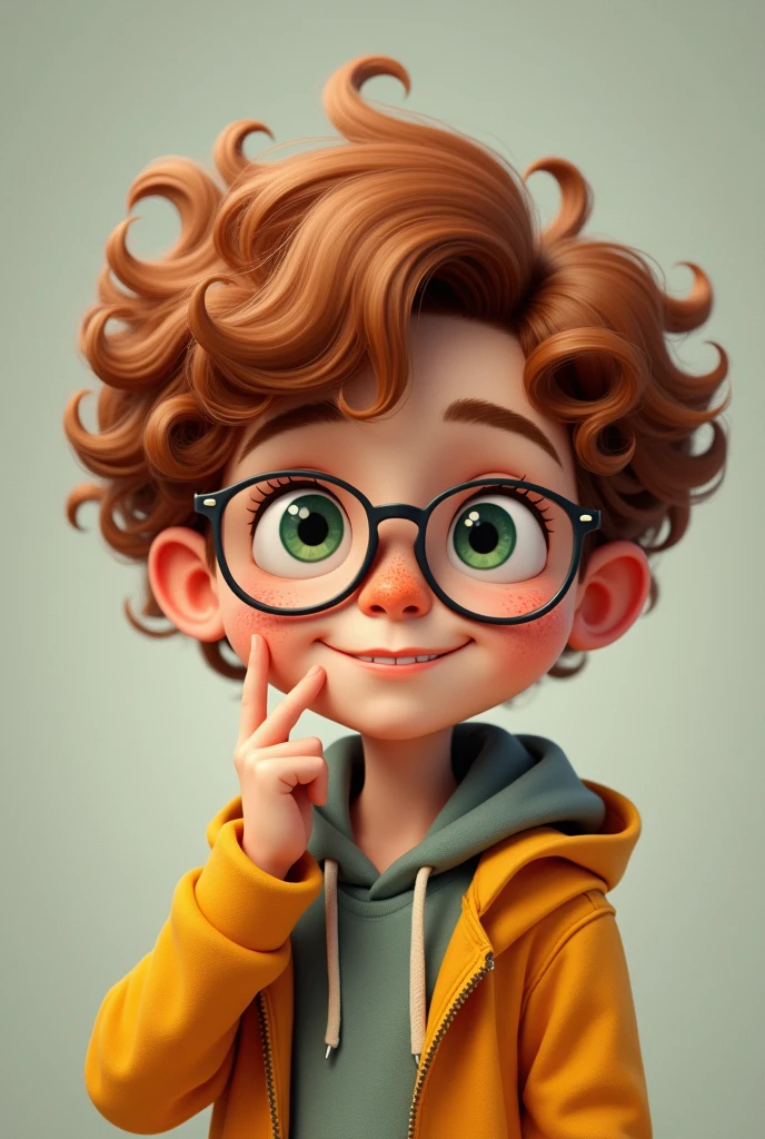 boy, , feminine,who twirls his finger near his cheek, smiling and wearing glasses like a nerd.
boy, with big round glasses, with curly, lamb-like chestnut-colored hair, with green eyes and freckles .
