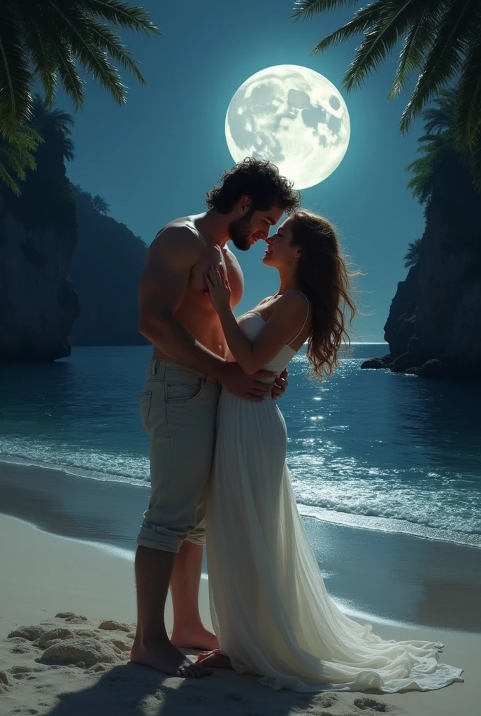 A couple making love on the sand of a deserted beach at night.