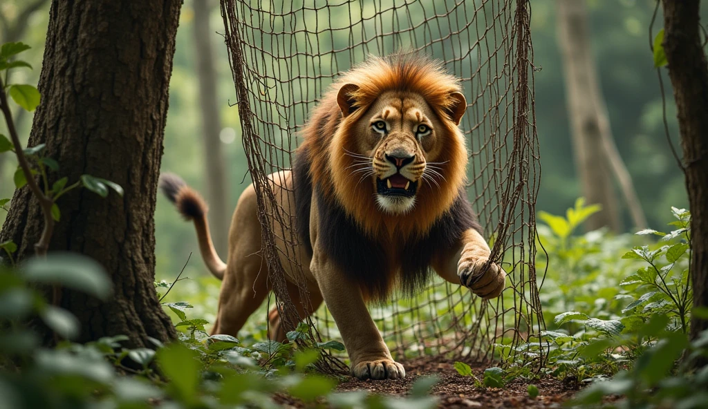 The lion is trapped in a hunter's large, netted trap in the middle of the jungle. The lion looks distressed, struggling to escape. The net is hanging between two trees, and the lion is clawing at it unsuccessfully.