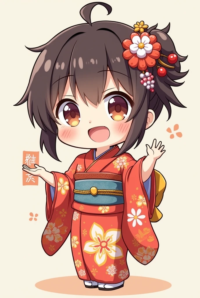 Kimono Beauty、Anime Style、smile、Chibi、stamp