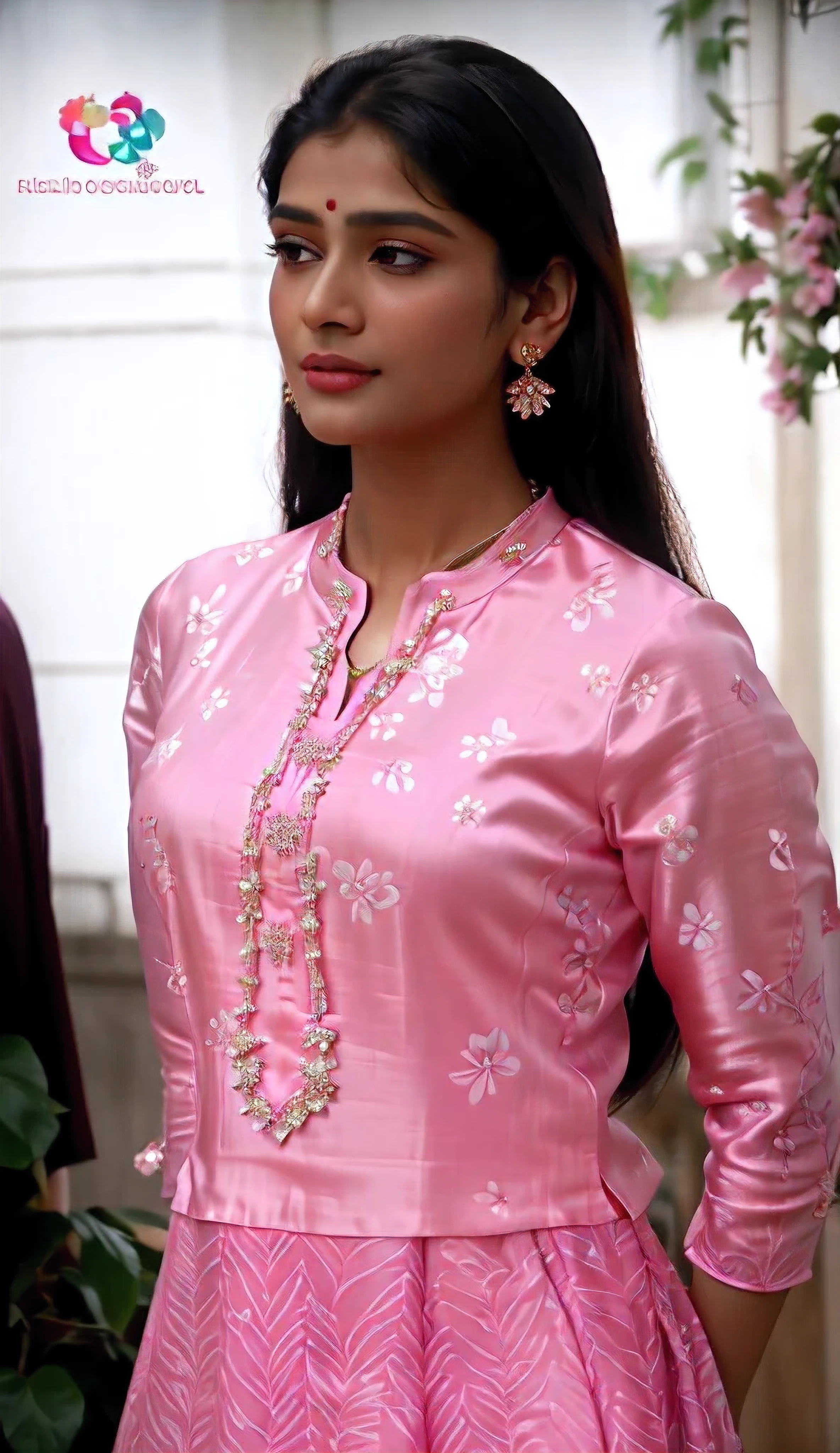 a close up of a woman in a pink dress with a necklace, wearing a silk kurta, wearing a kurta, flowery, still from a movie, wearing pink floral gown, with small studded earings, wearing pink floral chiton, with lovely look, inspired by T. K. Padmini, film still from the movie, closeup - view, actress