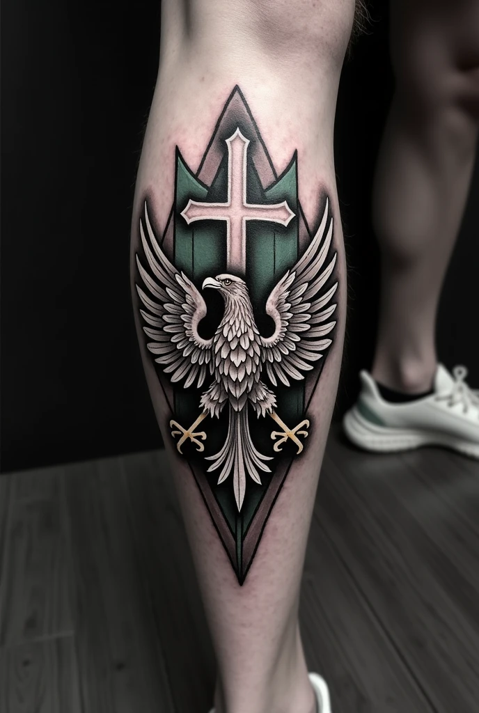 Tattoo on knee with cross and eagle Black and white with Poland flag