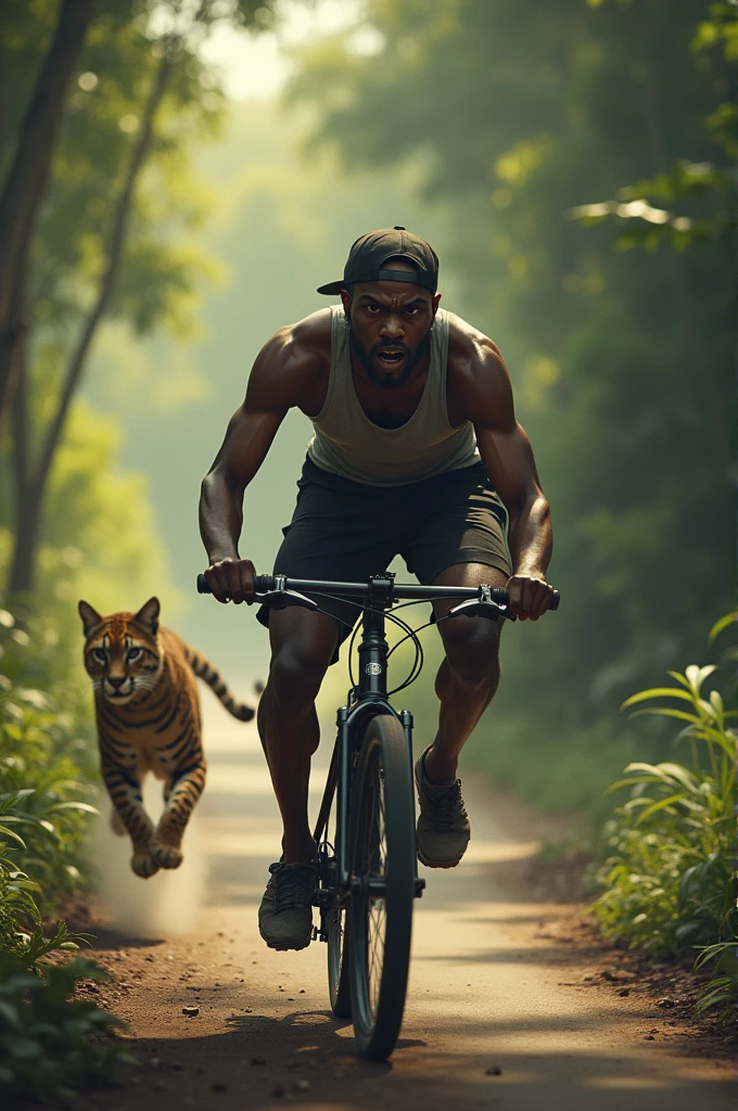 A black man with a backwards cap, wearing sports clothes, scared on a road with trees around him on top of  bike and an ocelot running behind him.