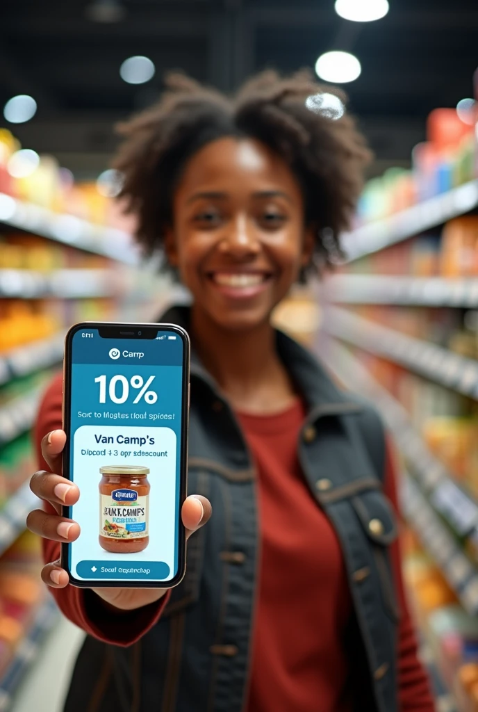 Image: A happy person showing his cell phone with the ScannMarket app open, where the 10% discount stands out% in Van Camp's product. In the background, You can see shelves in a supermarket with various products.
Text: "Discover the best offers at your favorite supermarket! Download the ScannMarket app and save on every purchase. It's easy and fast!"