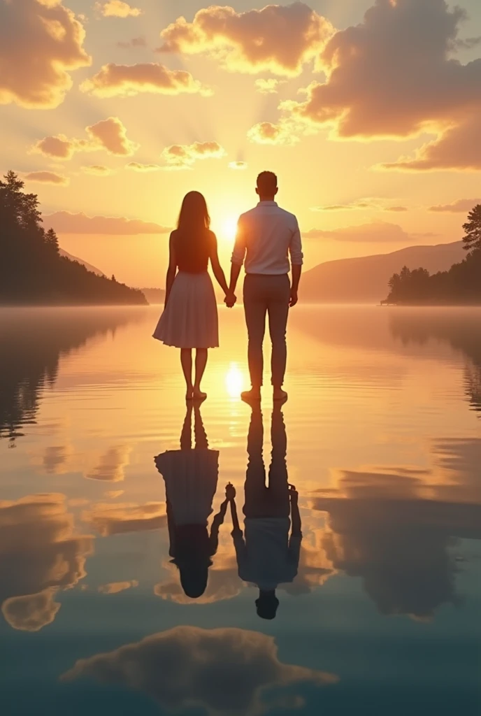 "Design a complementary image that symbolizes the future and the goals the couple will achieve together. This image should feature the same couple standing at the edge of a serene lake, with the sun setting on the horizon, casting a golden glow over the water. The reflection in the water should subtly show the couple's goals and dreams, like a house, a family, or a successful career, hinting at what they will achieve together. The couple should be side by side, with a sense of determination and unity, showing that their love is strong enough to reach any horizon."