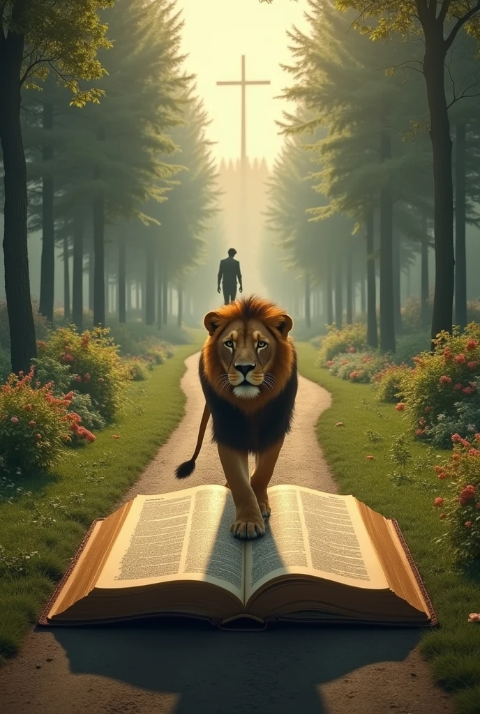 A person walking on top of the Bible next to a large lion. The Bible is on the ground of a long road going and long, that has many flowers and trees, with a cross at the end