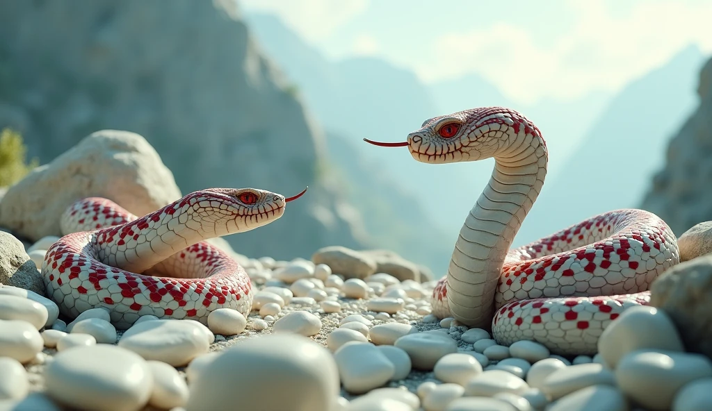 There are many white jades and pit vipers with spikes on their noses between red and white rings on the mountain.(best quality,4K,8k,High level,masterpiece:1.2),Ultra Detailed,(lifelike,Photo real,Photo real:1.37)