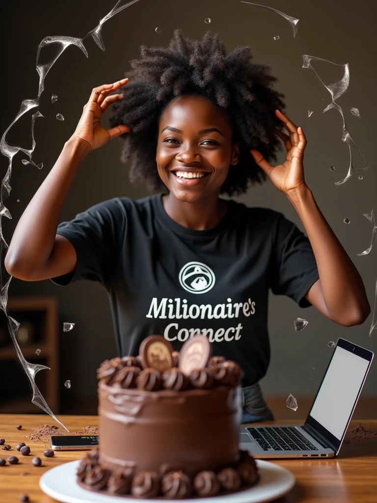 Create a maximalistic photo where a Zambian with a Millionaires Connect Tshirt is breaking out of the screen of a laptop, with pieces of the screen shattering around as she is handed a chocolate cake into the real world. The background should show a Mochachino thats coming Next. The laptop should be positioned in such a way that it looks like the cake is transitioning from being digital to being part of our physical reality. hyper-realistic, k , Hyper-detailed and ultra-deluxe. millionaire