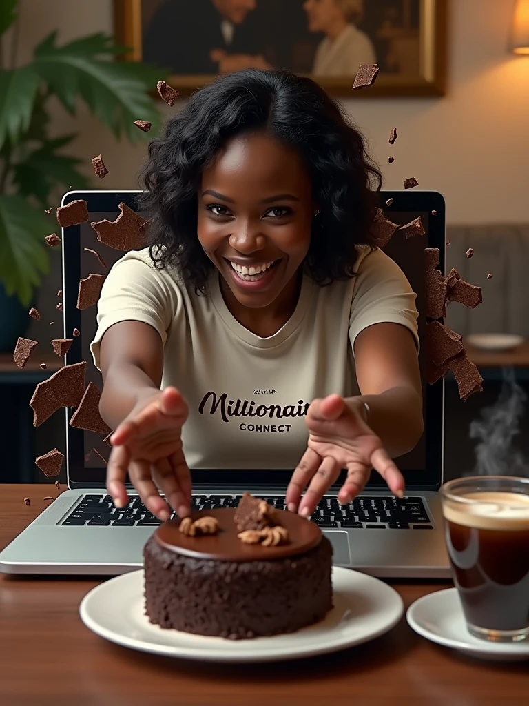 Create a maximalistic photo where a Zambian with a Millionaires Connect Tshirt is breaking out of the screen of a laptop, with pieces of the screen shattering around as she is handed a chocolate cake into the real world. The background should show a Mochachino thats coming Next. The laptop should be positioned in such a way that it looks like the cake is transitioning from being digital to being part of our physical reality. hyper-realistic, k , Hyper-detailed and ultra-deluxe. millionaire
