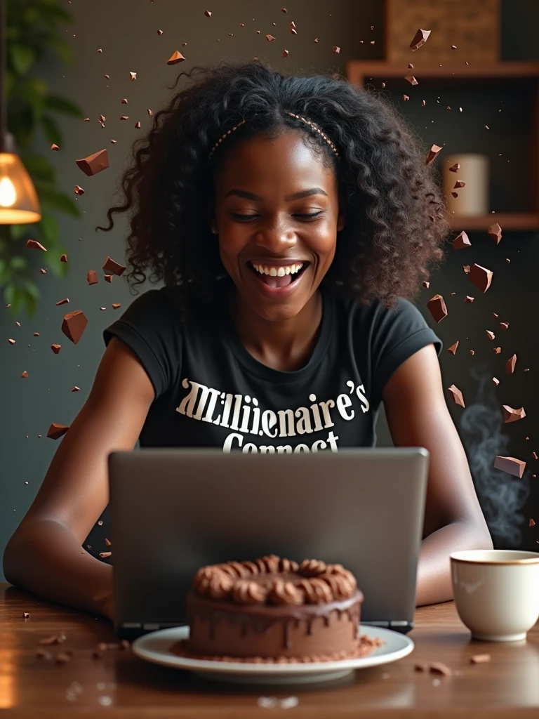 Create a maximalistic photo where a Zambian with a Millionaires Connect Tshirt is breaking out of the screen of a laptop, with pieces of the screen shattering around as she is handed a chocolate cake into the real world. The background should show a Mochachino thats coming Next. The laptop should be positioned in such a way that it looks like the cake is transitioning from being digital to being part of our physical reality. hyper-realistic, k , Hyper-detailed and ultra-deluxe. millionaire