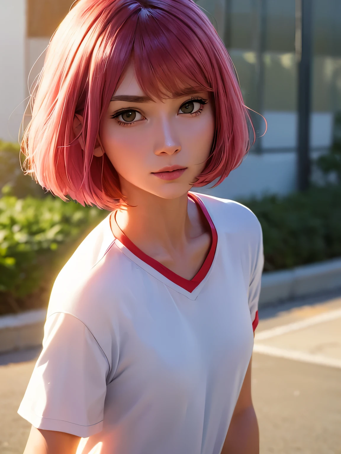 1 woman,Pink hair,short hair,White sports t-shirt,slight smile, red sports shorts,gray eyes,standing, at the training ground, early morning, bright sun, ultra detail,close up photo,Looking at the viewer,bangs