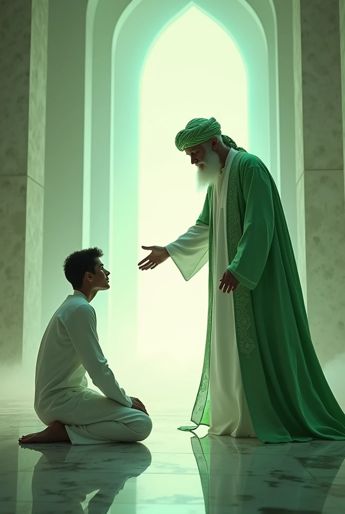 A young man in white dreamed that he was sitting and being invited by a man wearing a green and white turban and a green and white robe into a bright room while holding out his hand. 