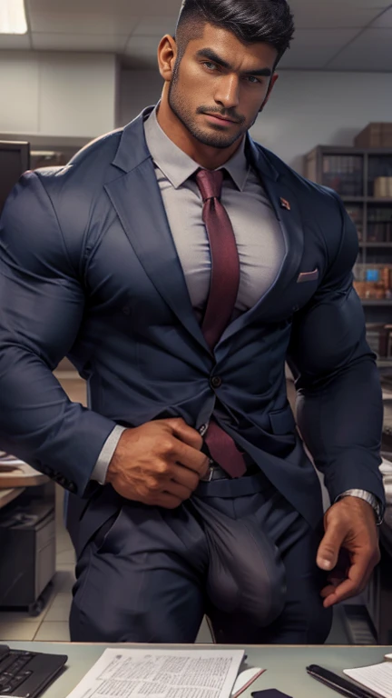 Business suit, close up focus on indian big monster bulge coming out from pant during he doing work, masterpiece 
