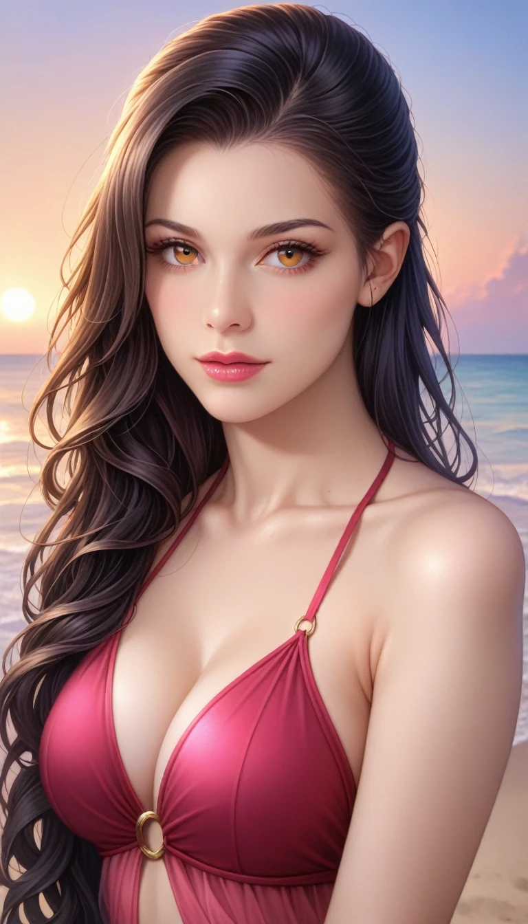 score_9, score_8_superior, score_7_superior,
A masterpiece in 32K resolution,Highest quality,Very detailed,Ultra-realistic,Realistic,Increased depth of field,Cinematic lighting,
Elegant Japanese actress,
Ultra-detailed and beautiful face,Black Hair,Long Hair,Gentle expression,Ultra-detailed skin,Translucent white skin,Realistic skin texture,Great proportions,
Elegant swimwear,
Seaside at sunset,Desolate sandy beach,
Dramatic Angle,