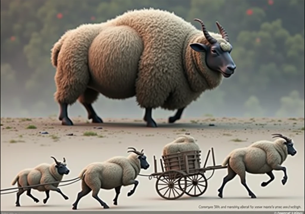a large sheep pulling a cart, detailed sheep, extremely realistic, highly detailed, 8k, photorealistic, professional, masterpiece, natural lighting, vivid colors, intricate details, volumetric lighting, cinematic composition, atmospheric, dramatic lighting, detailed textures, hyper realistic, award winning, studio quality, sharp focus, ultra-detailed, physically-based rendering