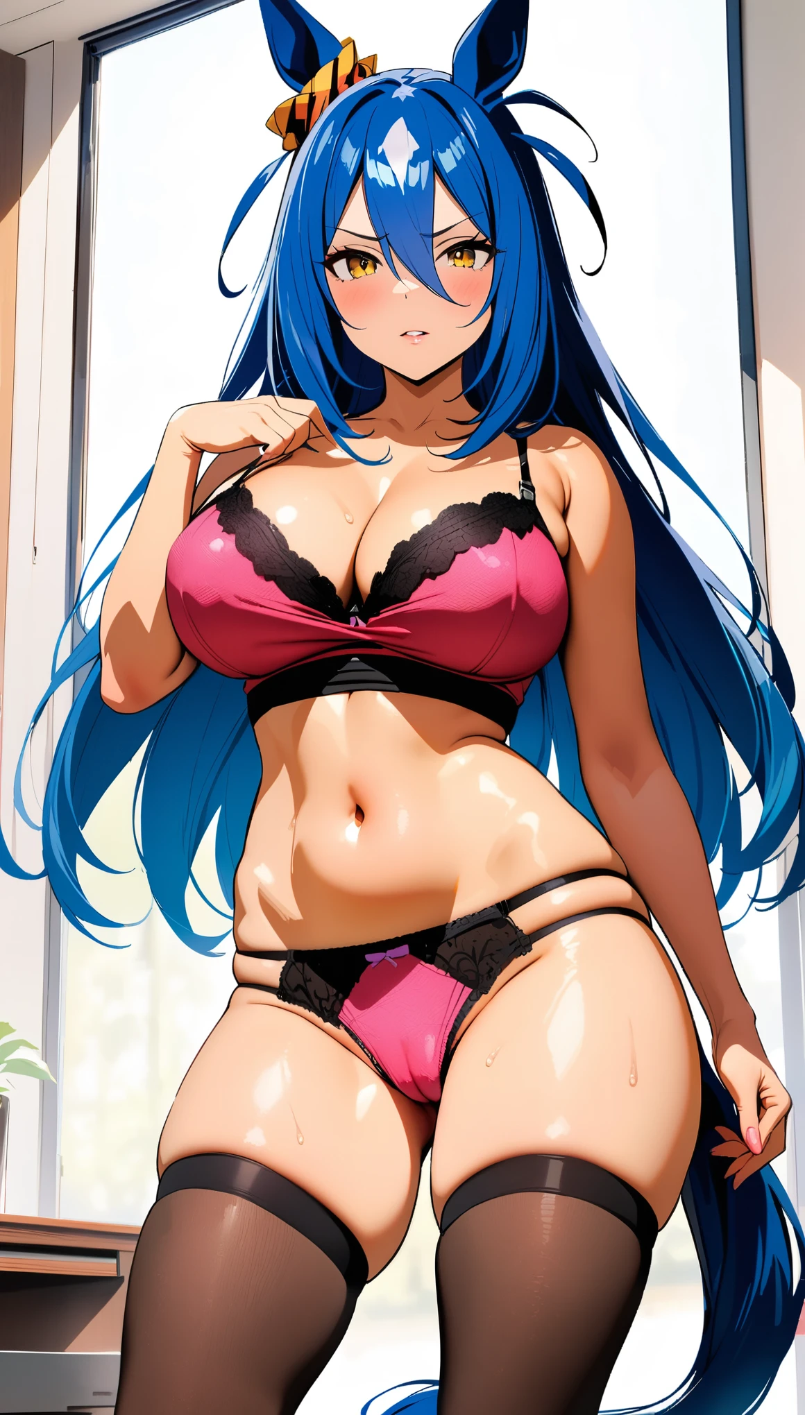 [[One person, hishi amazon \(umamusume\), umamusume]], Beautiful attention to detail, Yellow Eyes, Close one eye, ((indoor, office, living room),  Curvy, thin, (Thigh-high socks), (Cleavage) , (Sexy pose), (Seductive pose), (Crop Top Belly Button), ((panties), (good), (In underwear), (Flashy underwear), (lingerie))), (Close-up shot), Dynamic Angle, Highest quality, Very detailed, masterpiece, Ultra-high resolution, 8k, Nipples, ((Horse tail)), Camel Toe, ((Dark Skin))