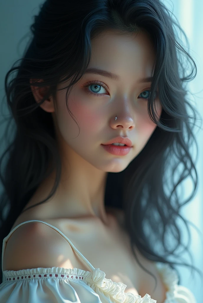 realistic young french woman with big blue eyes and black hair, swarm light, photorealistic