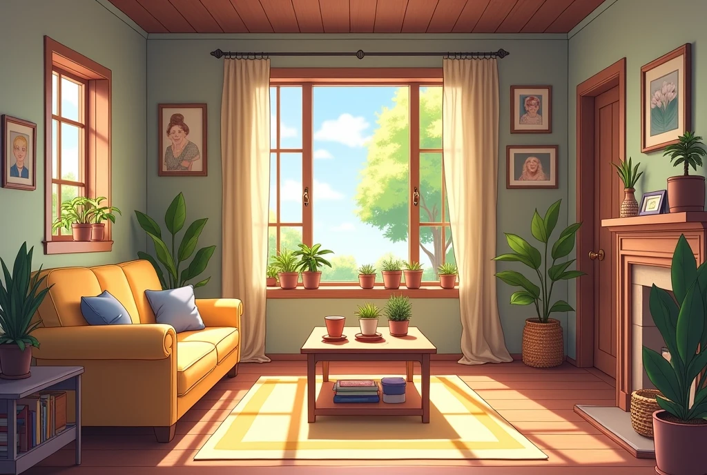 Cartoon living room with sofa, dining table, windows, cozy living room background, personal room background, interior background art, cozy home background, style of madhouse studio anime, interior scenes, Living room, random background scene, rpg maker style bedroom, liveroom, interior living room, stairs, door