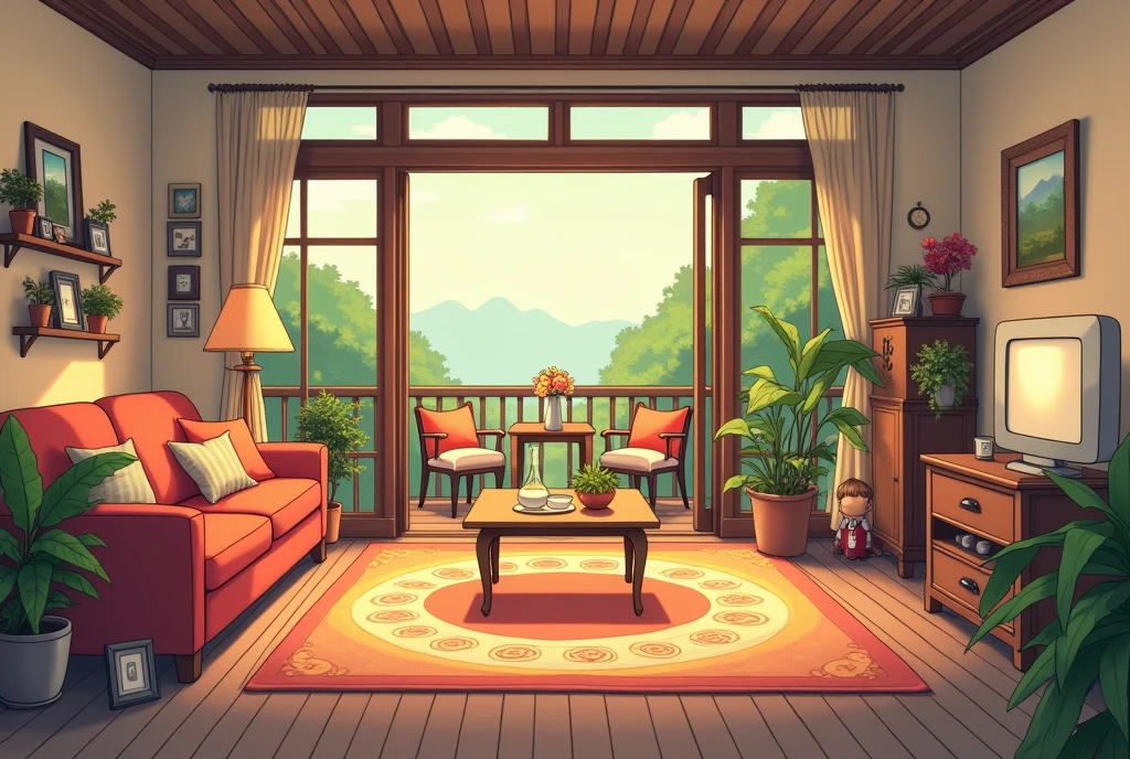 Cartoon living room with sofa, dining table, windows, cozy living room background, personal room background, interior background art, cozy home background, style of madhouse studio anime, interior scenes, Living room, random background scene, rpg maker style bedroom, liveroom, interior living room, stairs, door