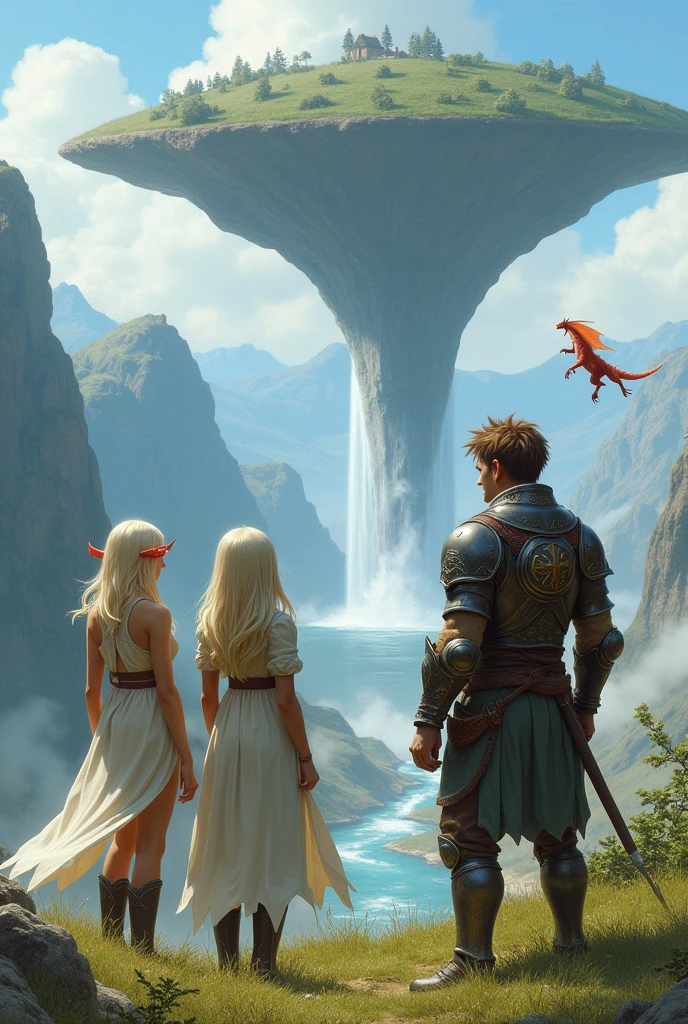 (uhd, masterpiece, anatomically correct, textured skin, super detail, high details, best quality, highres, 8k), Three adventurers standing on a grassy cliff, The man is wearing light armor, Brown Hair, Hair that stands on end, A tiny red dragon is floating in the air next to the man, Elven women wear sleeveless dresses and , Blonde, Short Bob, Long pointy ears, Stand next to a man, The panda beastman wears heavy armor, Carrying a spear axe, Turning your back on the viewer, I can&#39;t see your face, The plain below the cliffs, Looking Down, Mr.々A land where fantasy creatures live, A waterfall flows down from a giant rock suspended in the air.