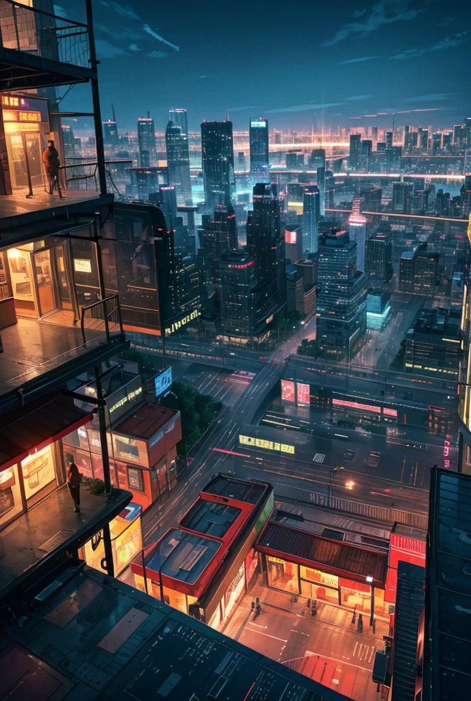 landscape,Modern City, Angle from the top right, Nostalgic atmosphere, Street, pop, Retro, 80s Style, There are no people, Empty space in the middle, 0 human, no people, only landscape, background, street, High places,