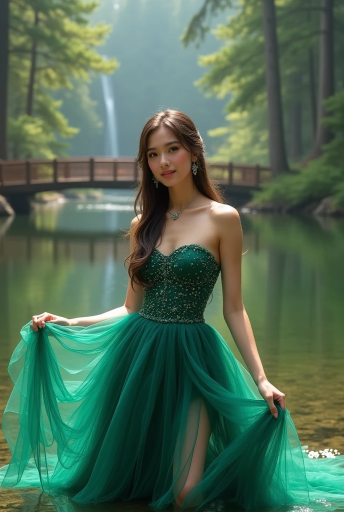 8K, ultra hd, masterpiece, ultra realistic, 1 girl, nice face, very long hair, detailed eyes, detailed lips, (big breasts:1.5) super round "wet body", 3D Floral Short Strapless Tulle Beaded Prom Dress Elegant Green Mini, ((pink,red,blue ,black,green,meroon,purple,yellow random dress color)),((High resolution Dress Quality)), diamonds, jewelry, necklace, earrings, lake, scenery , sitting, Bridge, Forest, standing in lake water, feet in water, Pine trees, Perfect body figure, Beautiful Smile, Cinematic photography, Sexy angles, Stylish poses, 4 different Poses, k, high resolution image quality, very body figure clear, Flowers in hand, Flowers in Hair, walking in water, waterfall
