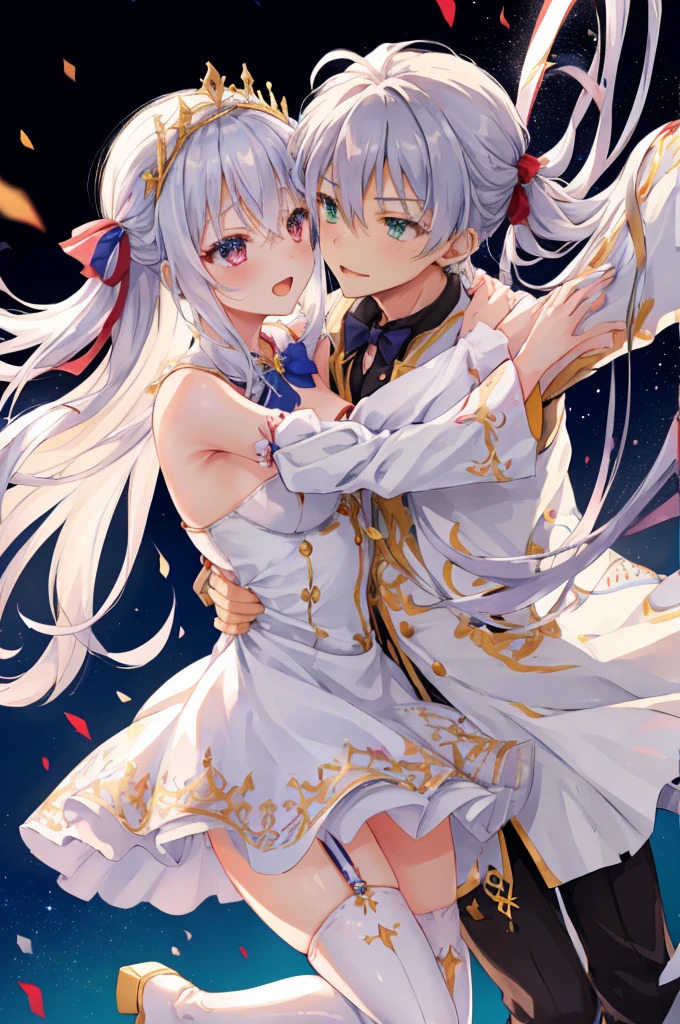 nsfw,((One man and one woman,Having sex)),(supright straddl),hug,from side,blue bow,Thighhighs,blue bowtie,blue ribbon,bow,bowtie,brooch,button,removed collar,hair ornaments,removed sleeve,dress,eyebrows visible through hair,frills袖,frills,garter strap,white dress,gold trim,hair between eyes,hair ribbon,hold hair,jewelry,colorful clothes,multicolored dress,red eyes,ribbon,short dress,strapless,strapless dress,thigh boots,twin tails,zettai ryouiki,buran buta,smile with open mouth,Silver Hair,green eyes,hair above one eye,PRİNCESS,tiara on head,A white dress with gorgeous ornaments,detached sleeves,gloves,Luxurious ornaments,(masterpiece,Highest image quality,best quality),White background,simple background
