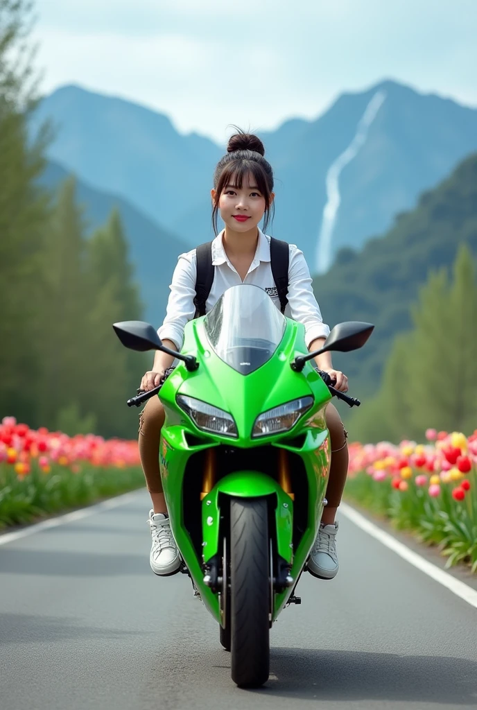 ,

Beautiful Indonesian girl, smooth white skin, well-groomed face,Korean style bun hair with Korean style bangs, (shirt) white with Santi logo pattern, (jumpsuit pants )brown jeans ,
white shoes, 
black watch, backpack, white shoes, smiled faintly, is currently riding a Kawasaki Ninja ZX-25R motorbike in highlighter green , on the country road,very beautiful amazing ..The left and right sides of the road are lined with tulips in bloom in beautiful colors.. Under the clear blue sky,, mountain and waterfall background, original photo .realistic 