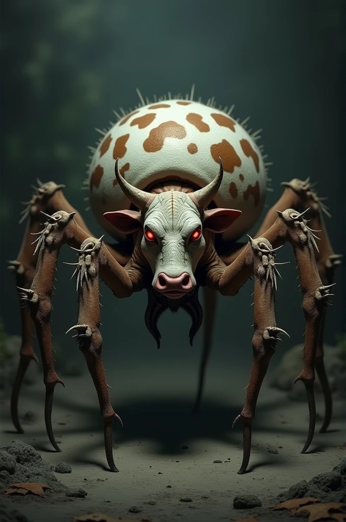 Take me a picture of a cow spider with brown toned skin and white spots eight long spiny spider legs with 5 spider eyes