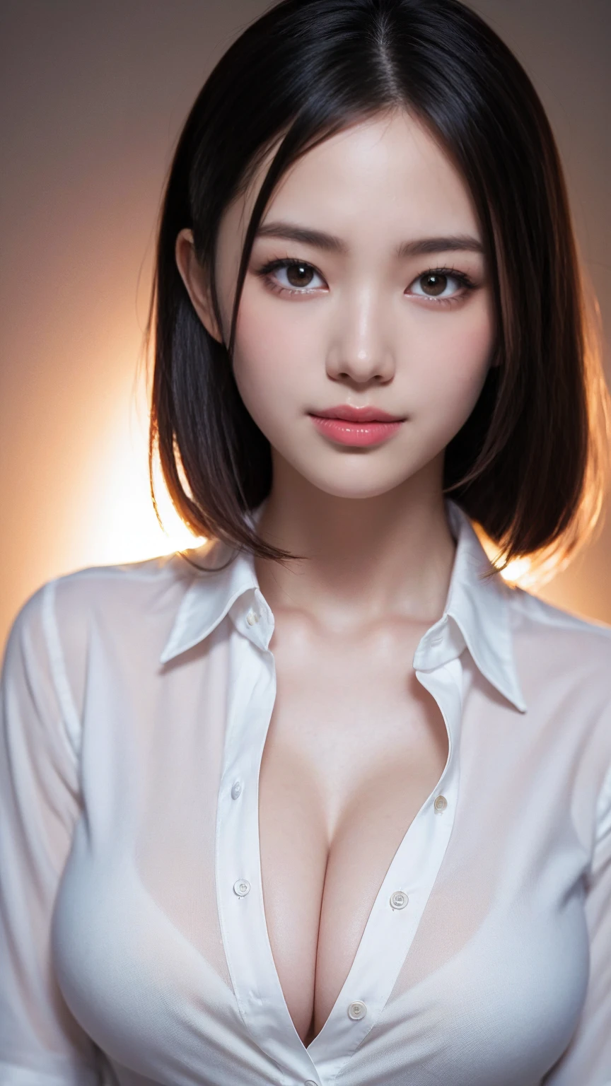 8k,Highest quality,(masterpiece:1.2),(Realistic),(Realistic:1.37),Ultra-high resolution,One Woman,smile,((Big Breasts)),Beautiful Eyes,(((White shirt))),Perfect body,Perfect Fingers,Professional Lighting,gravure,Detailed face and skin texture,fine grain,RAW Photos