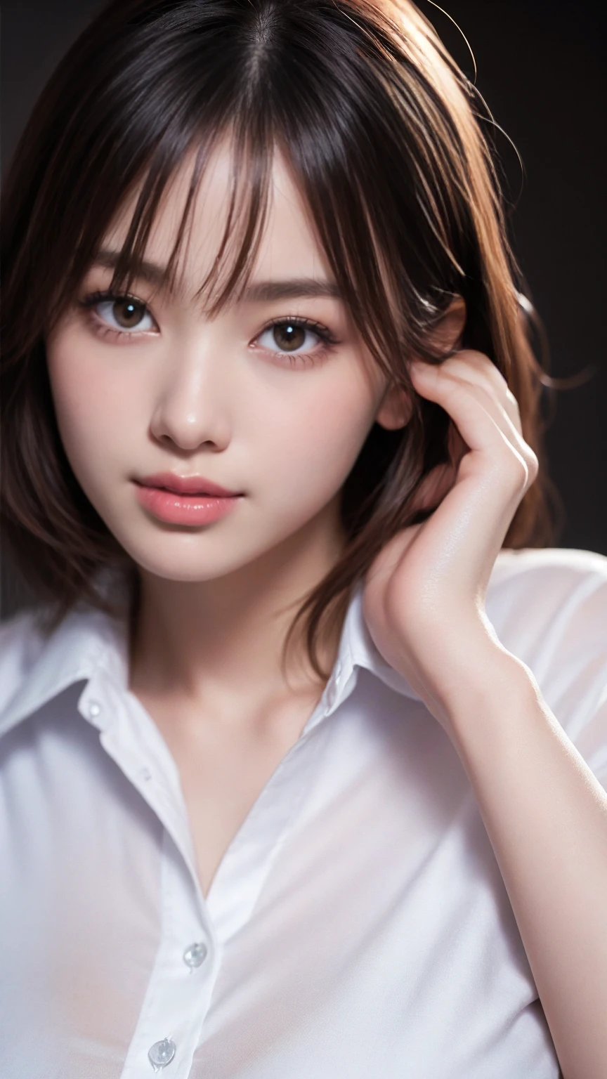 8k,Highest quality,(masterpiece:1.2),(Realistic),(Realistic:1.37),Ultra-high resolution,One Woman,smile,((Big Breasts)),Beautiful Eyes,(((White shirt))),Perfect body,Perfect Fingers,Professional Lighting,gravure,Detailed face and skin texture,fine grain,RAW Photos