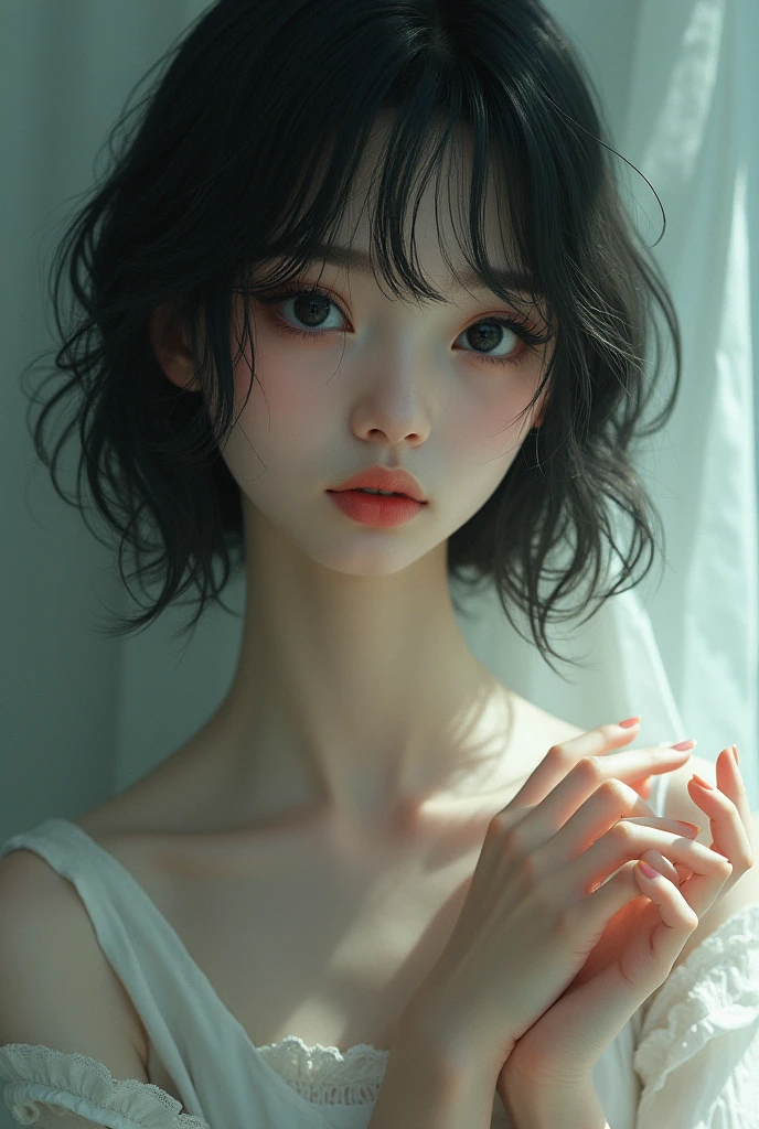 A WHITE, slim, with shoulder length hair and slanted eyes with eyeliner, thin face and small teeth