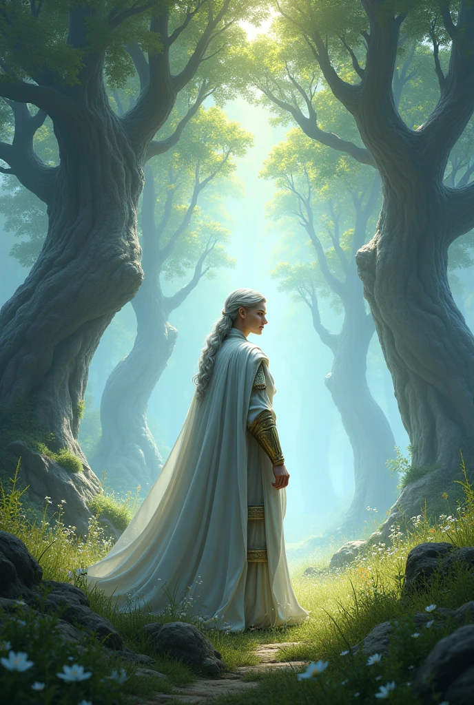 serene looking male half elf paladin with silver hair, holy scenery
